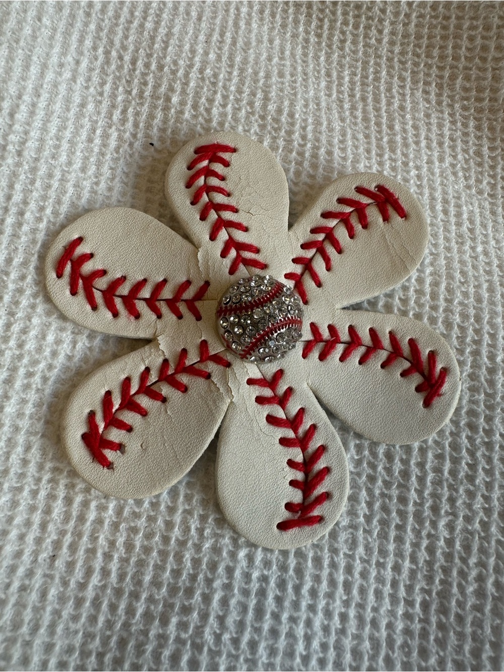 White & Red Baseball Stitch Flower Hair Clip with Rhinestone Center